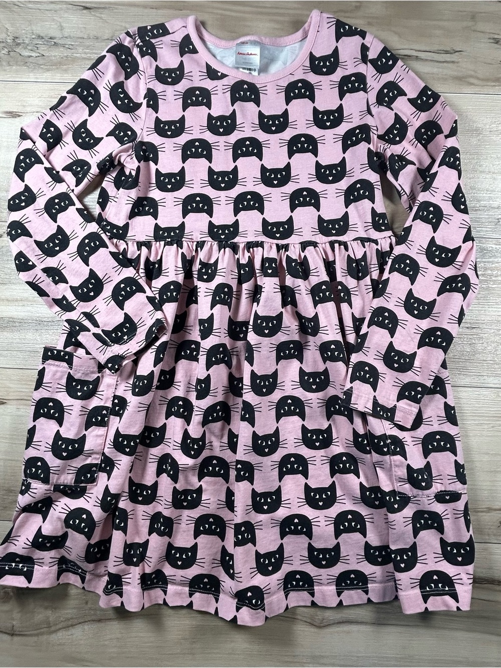 Hanna Andersson Size 140 USA 10 Black Cat Pink Long Sleeve Dress Pockets Cotton